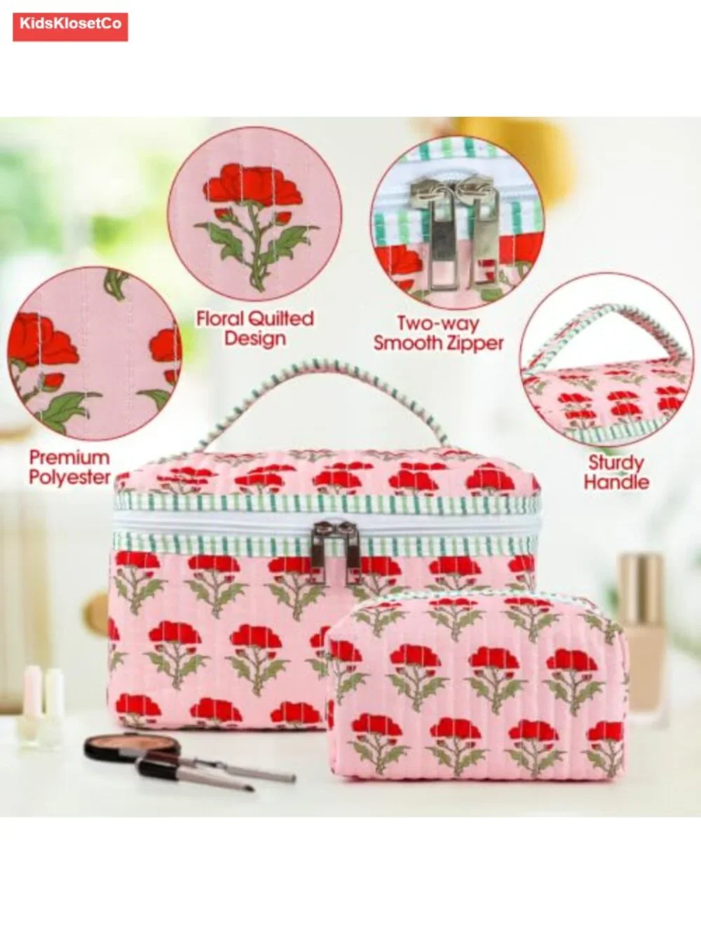Quilted Makeup Bag Set, Floral Travel Cosmetic Pouch, 2 Piece Cosmetic Case